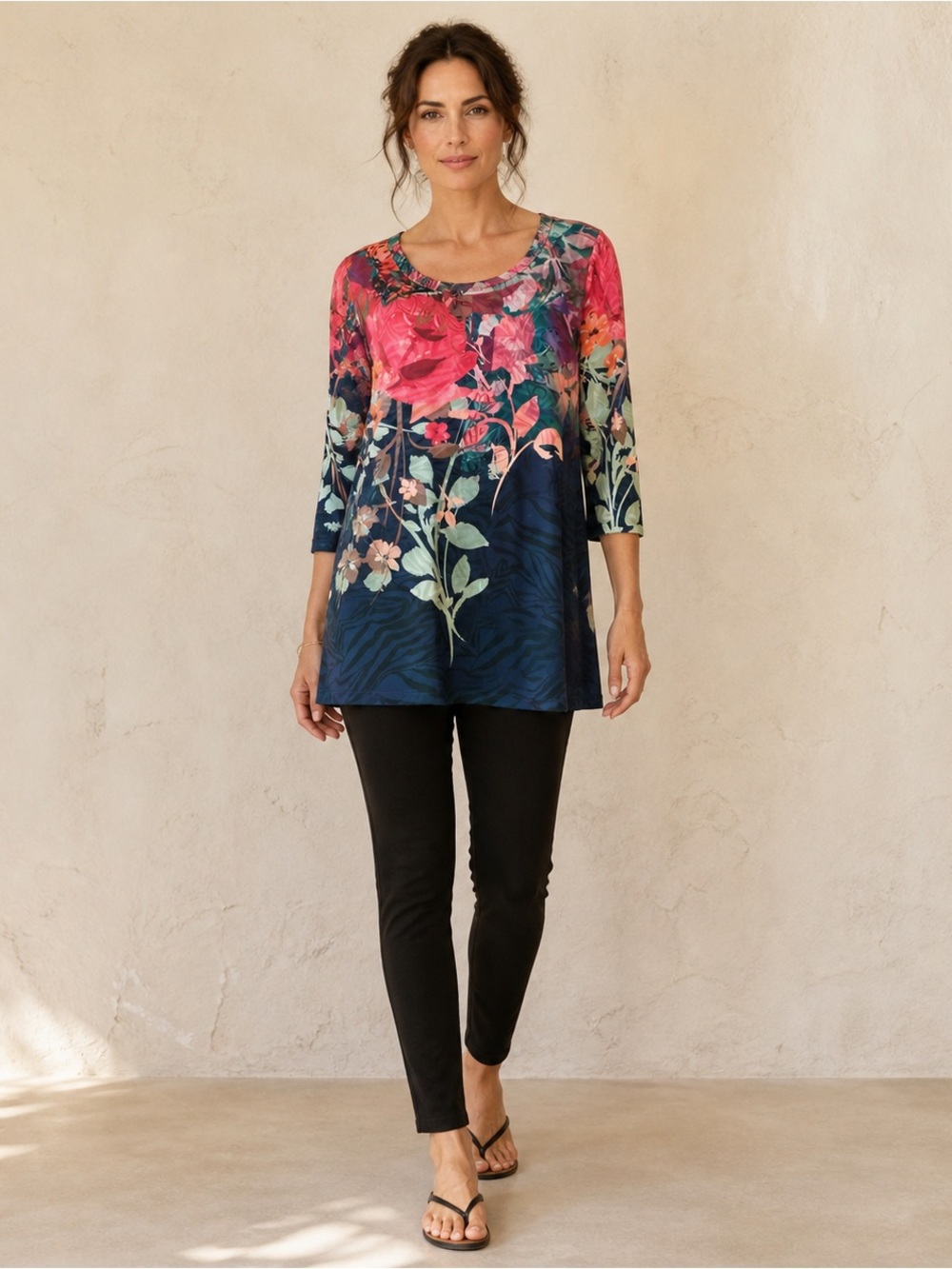 Soft Surroundings Christa Tunic Top Large Floral Boho Navy Knit 3/4 Sleeve